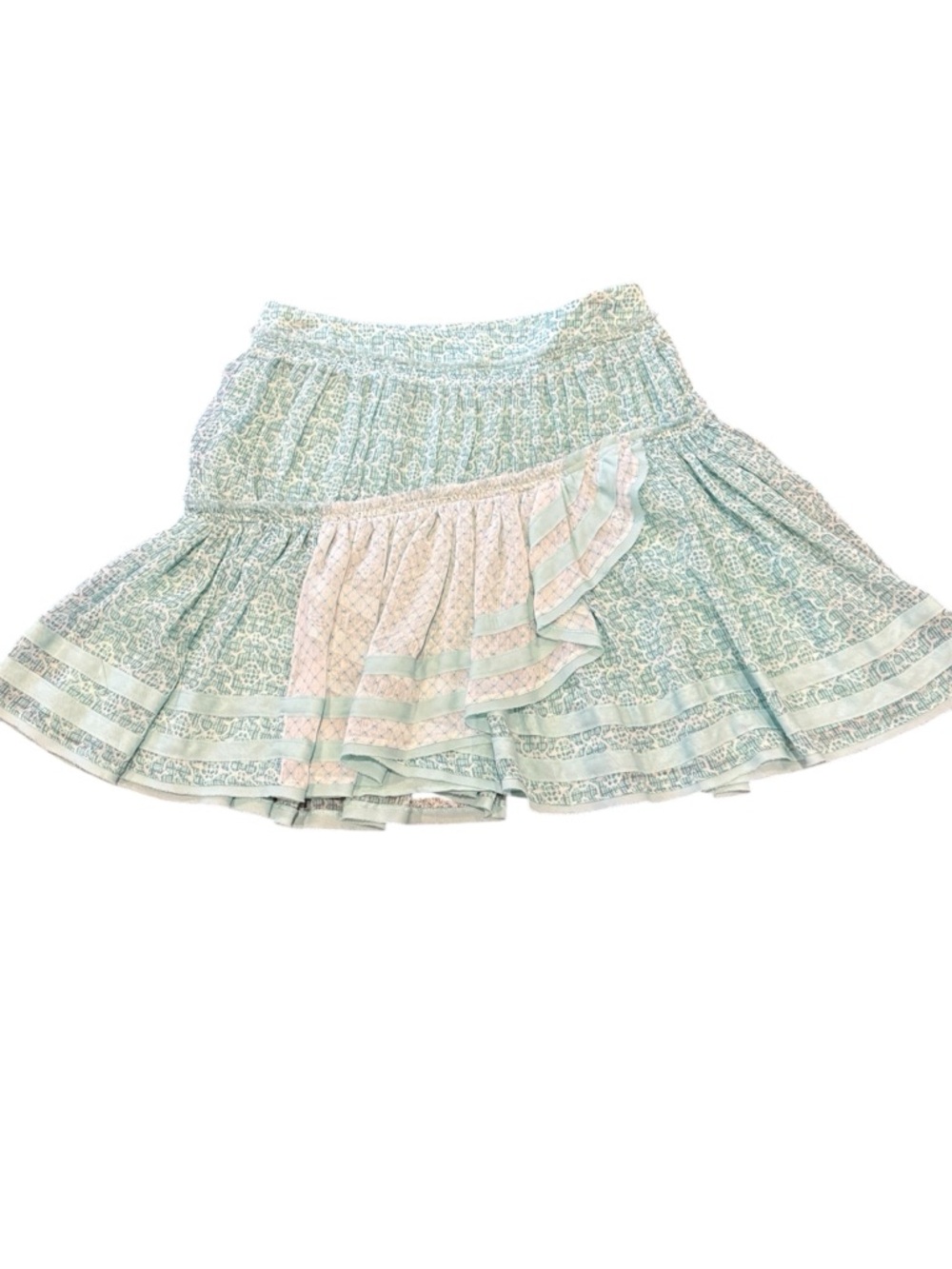 Free People Boho Tiered Ruffle Mini Skirt in Mint, size 4